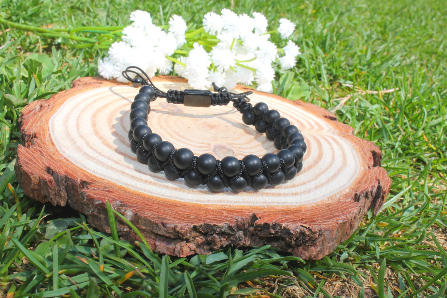bracelet noir pierre naturelle réglable double rang homme femme | Leriana