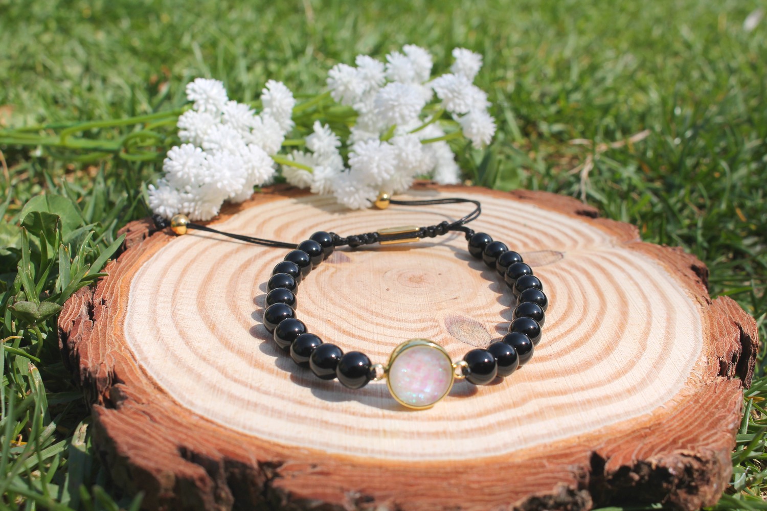Bracelet pierre naturelle femme Agate noire fantaisy réglable | Leriana